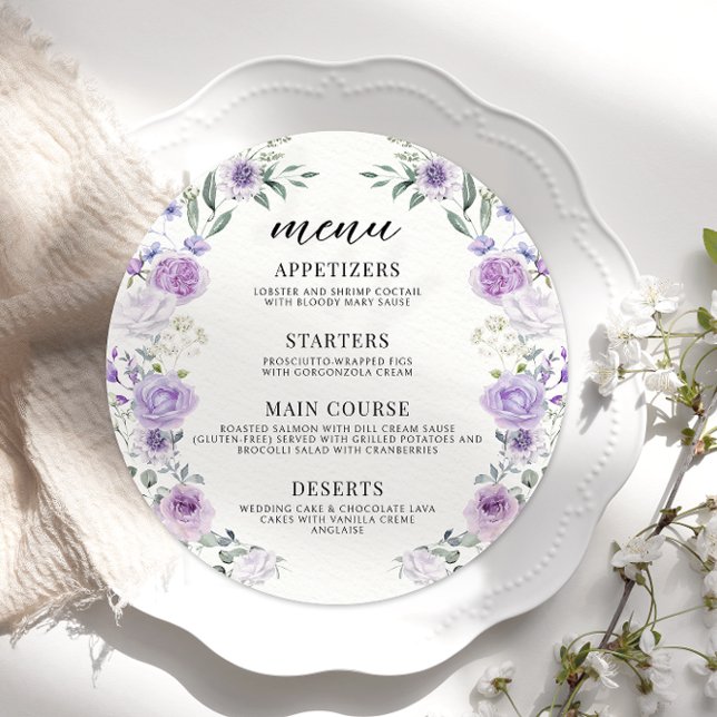Modern Purple Floral Lilac Wedding Round Flat Menu (Creator Uploaded)