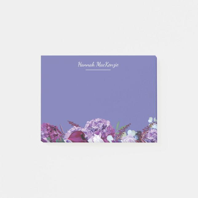 Modern Purple Floral Personalised Name Post-it Notes (Front)