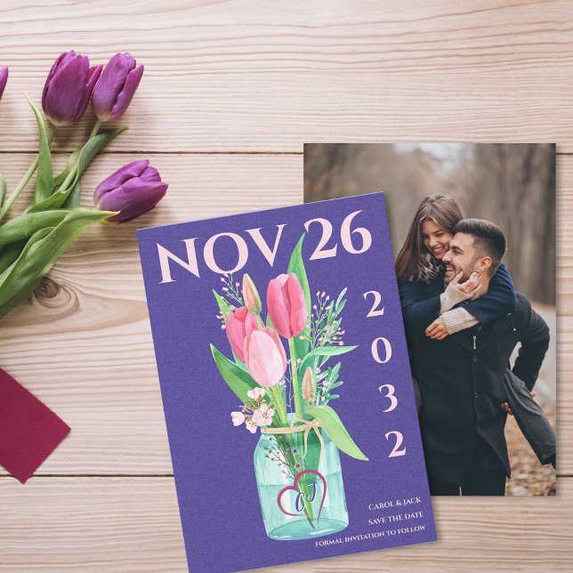 Modern Purple Floral Photo Wedding Save the Date  Announcement (Modern Purple Floral Photo Wedding Save the Date Announcement)
