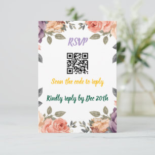 Modern Purple Floral QR Code RSVP Scan to Reply Enclosure Card