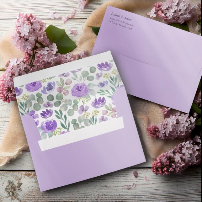 Modern Purple Floral Return Address Wedding Envelope (Creator Uploaded)