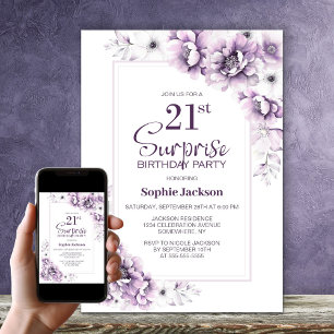 Modern Purple Floral Surprise 21st Birthday Party Invitation