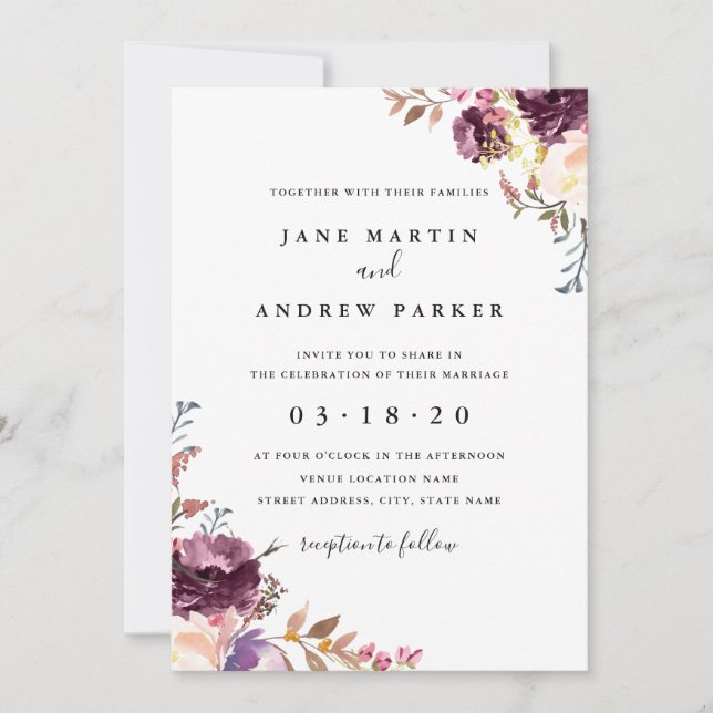 Modern Purple Floral Wedding Invitation (Front)