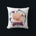 Modern Purple Floral Wreath Baby Photo Keepsake Cushion<br><div class="desc">Decorative modern floral wreath frames your own photo upload to create a pretty baby keepsake personalised with baby's name and birth date.</div>