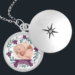 Modern Purple Floral Wreath Baby Photo Keepsake Locket Necklace<br><div class="desc">Decorative modern floral wreath frames your own photo upload to create a pretty baby keepsake personalised with baby's name.</div>