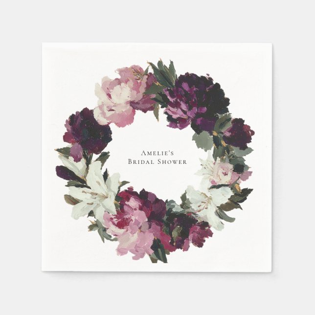 Modern Purple Flower Wreath Bridal Shower Napkin (Front)
