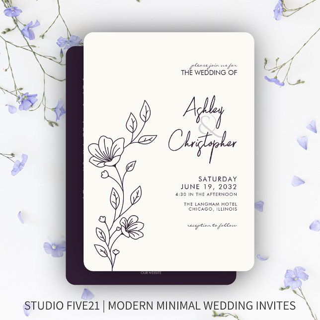 Modern Purple Foliage Outline All-in-One Wedding Invitation (Creator Uploaded)