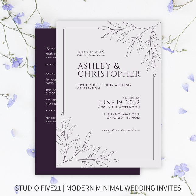Modern Purple Foliage Outline All-in-One Wedding Invitation (Creator Uploaded)