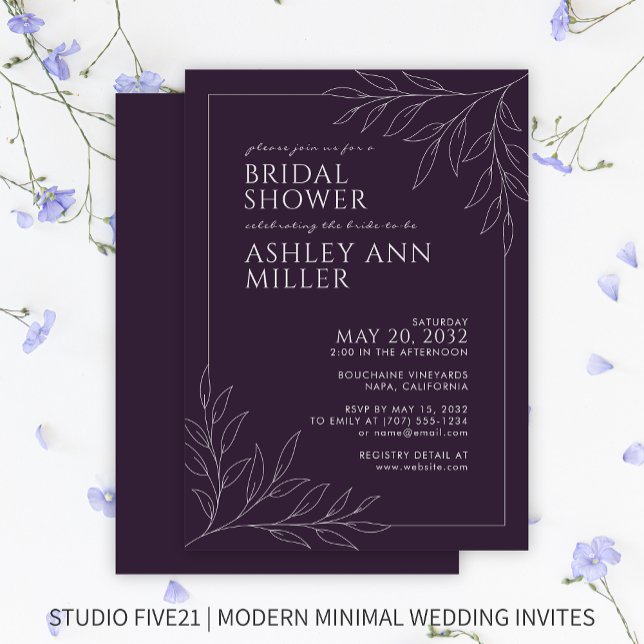 Modern Purple Foliage Outline Bridal Shower Invitation (Creator Uploaded)
