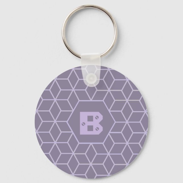 Modern Purple Geometric Cubes Pattern Monogram Key Ring (Front)