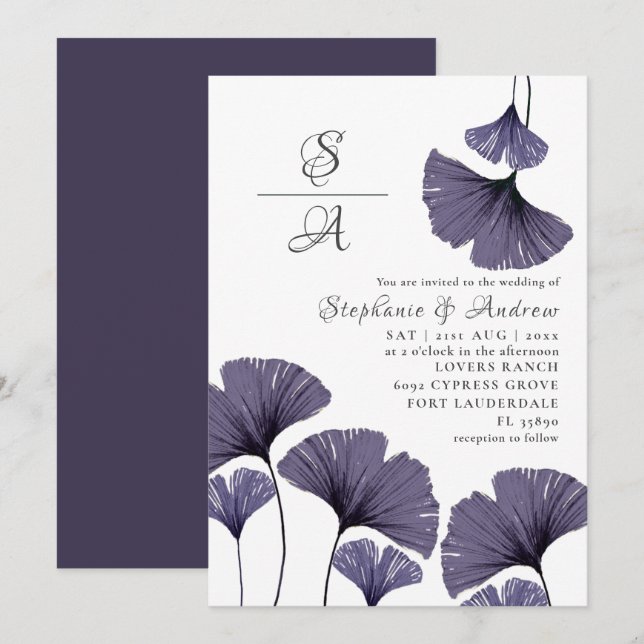Modern Purple Ginkgo Foliage Wedding  Invitation (Front/Back)