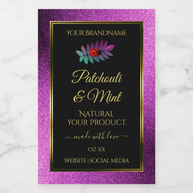 Modern Purple Glitter Black Product Labels Ladybug (Single Label)