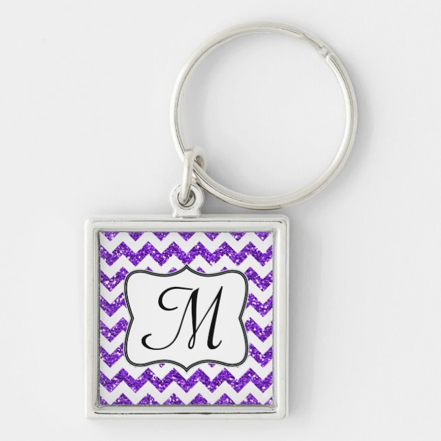 Modern Purple Glitter Chevron Zig Zag Key Chain (Front)