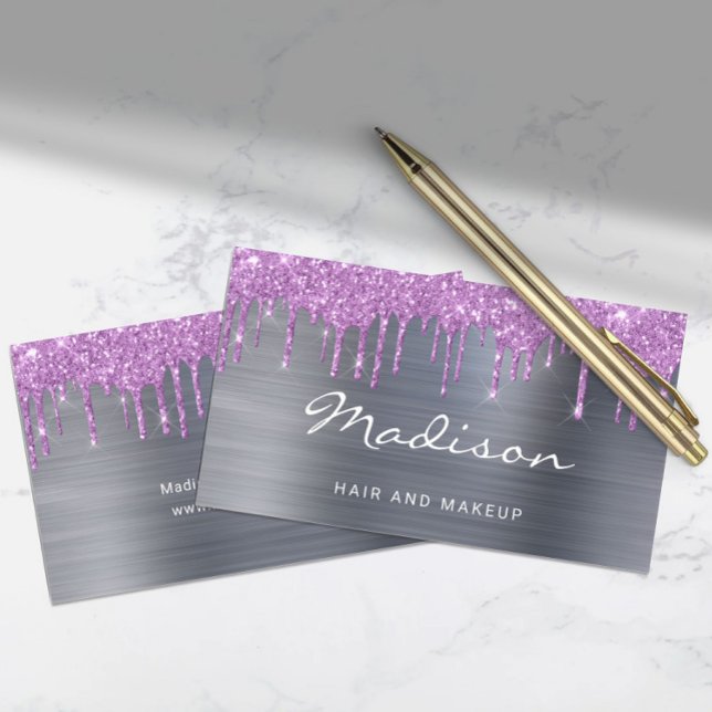 Modern Purple Glitter Drips Stylist Business Card (Creator Uploaded)
