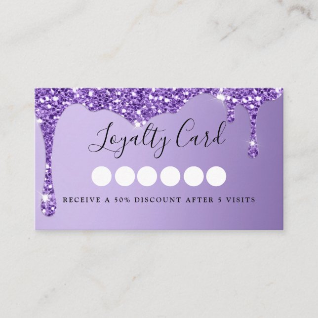 Modern Purple Glitter Drop Salon & Spa Loyalty Bus Business Card (Front)