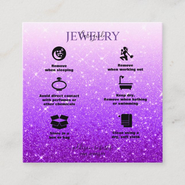 Modern   Purple Glitter  Jewellery Care Square Business Card (Front)
