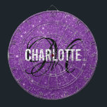 Modern purple glitter monogram name dart board<br><div class="desc">Modern purple glitter dart board with a white typography name and black monogram. Personalise with name and initial.</div>