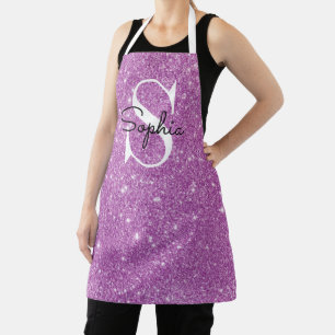 Modern Purple Glitter Monogram Personalized Name Apron