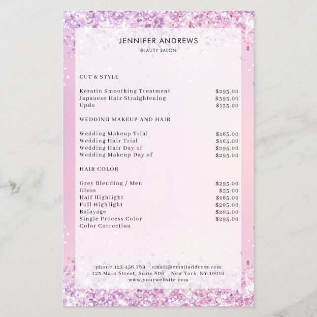 Modern Purple Glitter Purple Salon Price List Flyer (Front)