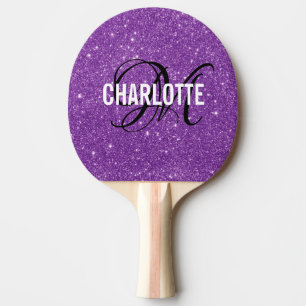 Modern purple glitter script monogram name  ping pong paddle