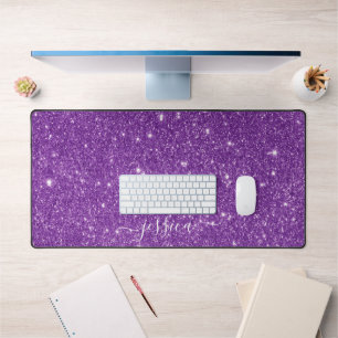 Modern purple glitter script name desk mat
