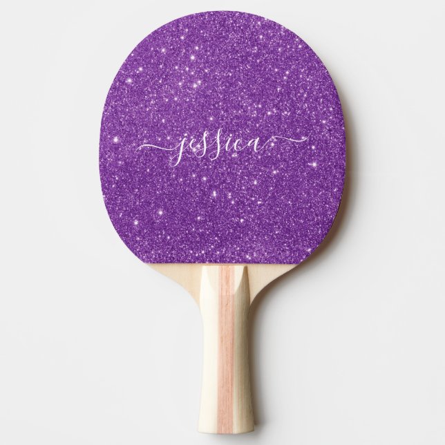 Modern purple glitter script name ping pong paddle (Front)