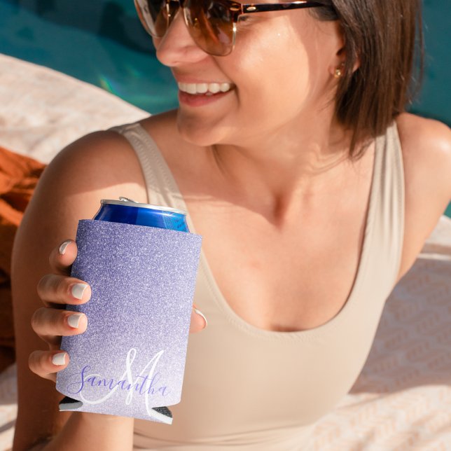 Modern Purple Glitter Sparkles Personalised Name Can Cooler (Creator Uploaded)