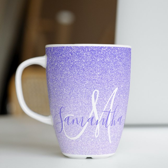 Modern Purple Glitter Sparkles Personalised Name Latte Mug (Creator Uploaded)