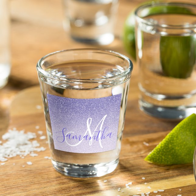 Modern Purple Glitter Sparkles Personalised Name Shot Glass (Creator Uploaded)