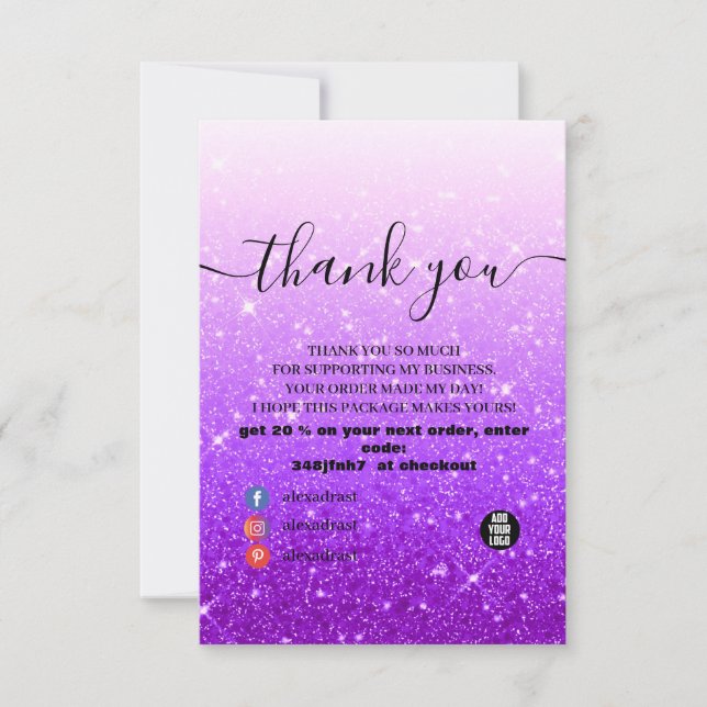 Modern Purple Glitter  Thank You Card (Front)