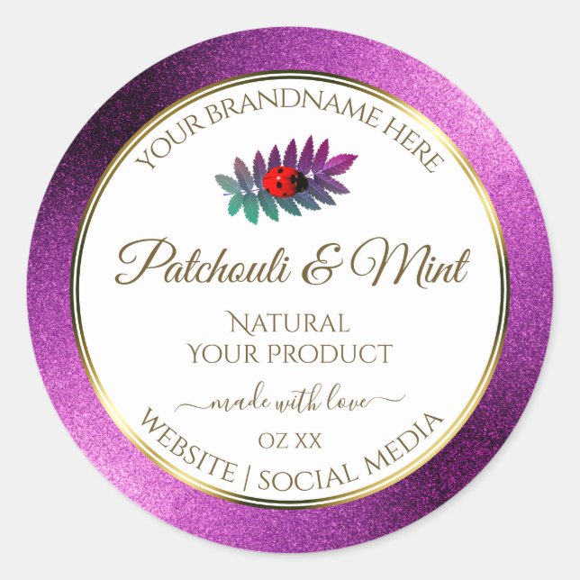 Modern Purple Glitter White Product Labels Ladybug (Front)