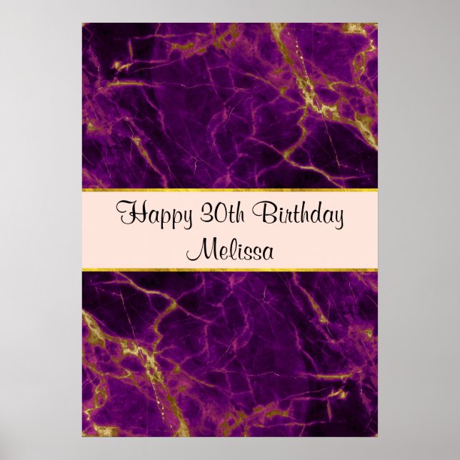 Modern Purple & Gold Abstract Marble Birthday Poster (Front)