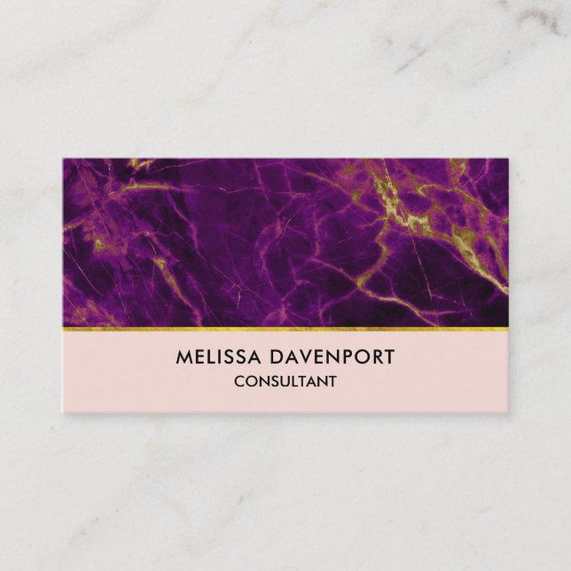 Modern Purple & Gold Abstract Marble Business Card (Front)