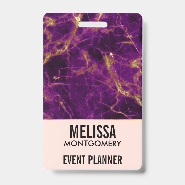 Modern Purple & Gold Abstract Marble Business ID Badge (Front)