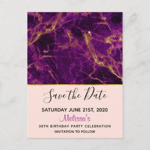 Modern Purple & Gold Abstract Marble Save the Date Postcard