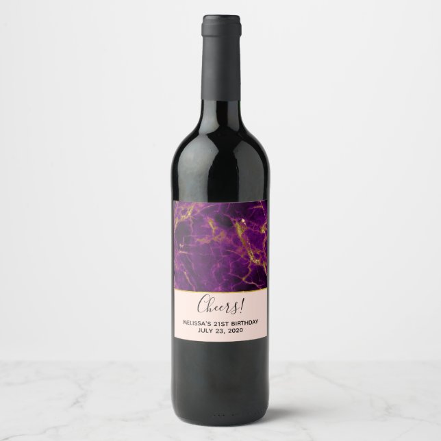 Modern Purple & Gold Abstract Marble Wine Label (Front)