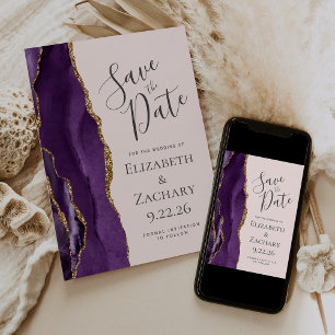 Modern Purple Gold Agate Blush Pink Save the Date