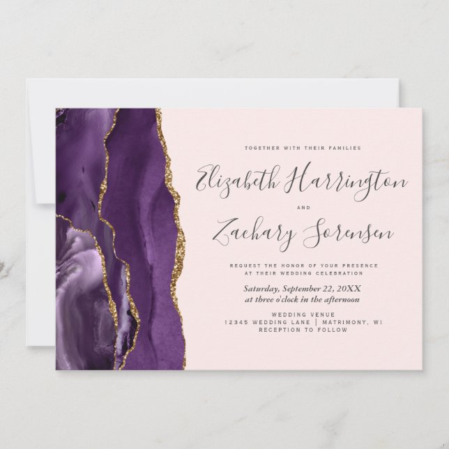 Modern Purple Gold Agate Blush Pink Wedding Invitation (Front)