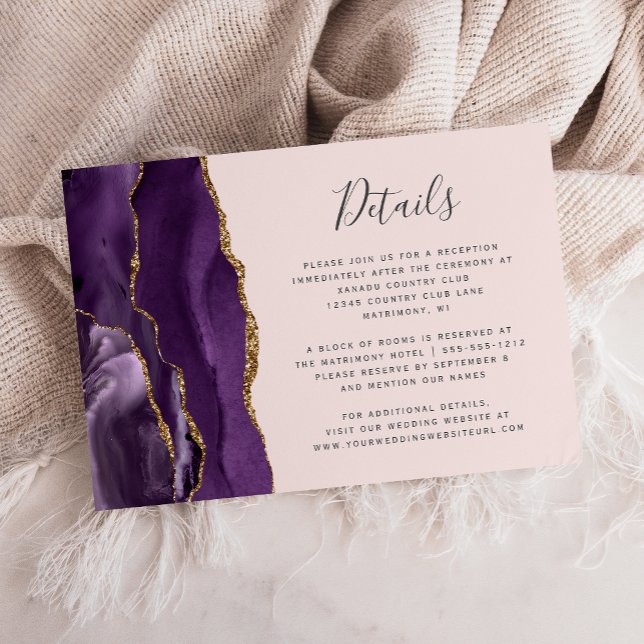 Modern Purple Gold Agate Blush Wedding Details Enclosure Card (Creator Uploaded)