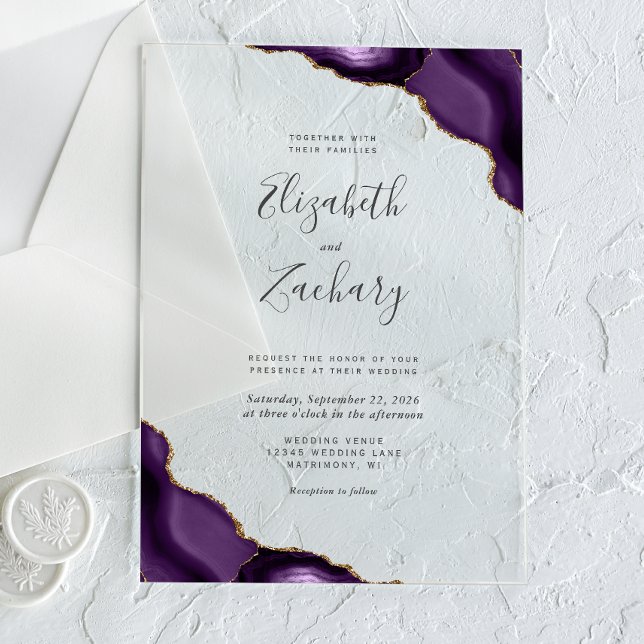 Modern Purple Gold Agate Corners Wedding Acrylic Invitations (Creator Uploaded)