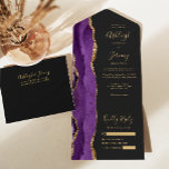 Modern Purple Gold Agate Dark Wedding All In One Invitation<br><div class="desc">The left-hand edge of this elegant modern all-in-one wedding invitation and RSVP features a purple watercolor agate border trimmed with faux gold glitter. The customisable text combines gold coloured handwriting, copperplate and italic fonts on an off-black background. The return address appears on the outside flap and the reverse side of...</div>
