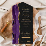 Modern Purple Gold Agate Dark Wedding All In One Invitation<br><div class="desc">The left-hand edge of this elegant modern all-in-one wedding invitation and RSVP features a purple watercolor agate border trimmed with faux gold glitter. The customisable text combines gold coloured handwriting, copperplate and italic fonts on an off-black background. The return address appears on the outside flap and the reverse side of...</div>