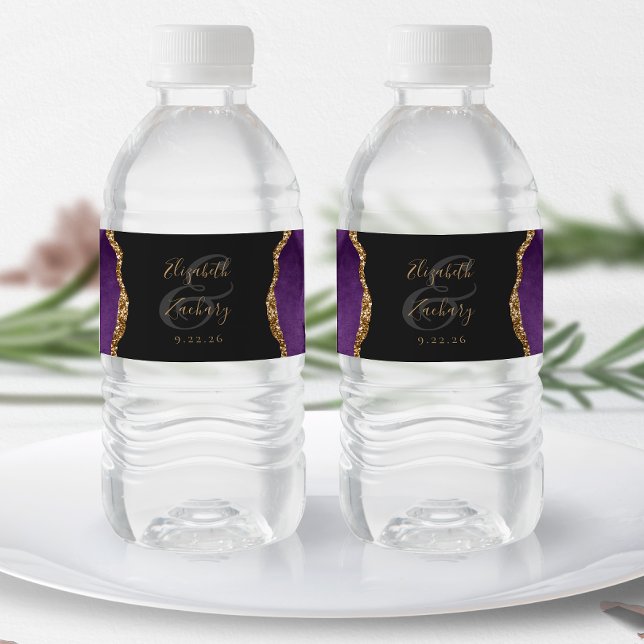 Modern Purple Gold Agate Dark Wedding Water Bottle Label (Creator Uploaded)