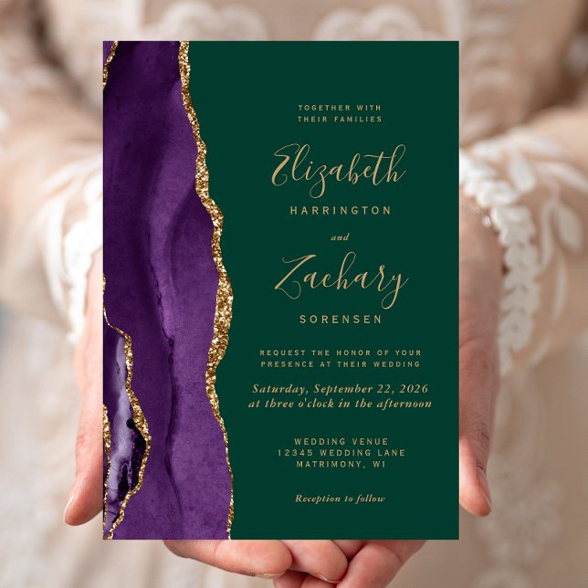 Modern Purple Gold Agate Emerald Green Wedding Invitation (Creator Uploaded)