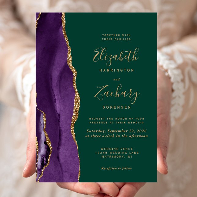 Modern Purple Gold Agate Emerald Green Wedding Invitation (Creator Uploaded)