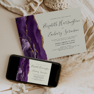 Modern Purple Gold Agate Ivory Wedding Invitation