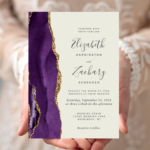 Modern Purple Gold Agate Ivory Wedding Invitation