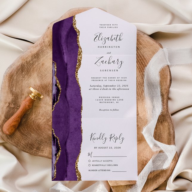 Modern Purple Gold Agate Lavender Wedding All In One Invitation (Creator Uploaded)