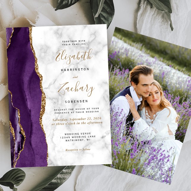 Modern Purple Gold Agate Marble Photo Wedding Invitation (Creator Uploaded)