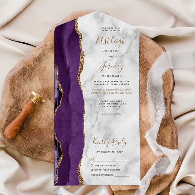 Modern Purple Gold Agate Marble Wedding All In One Invitation (Creator Uploaded)